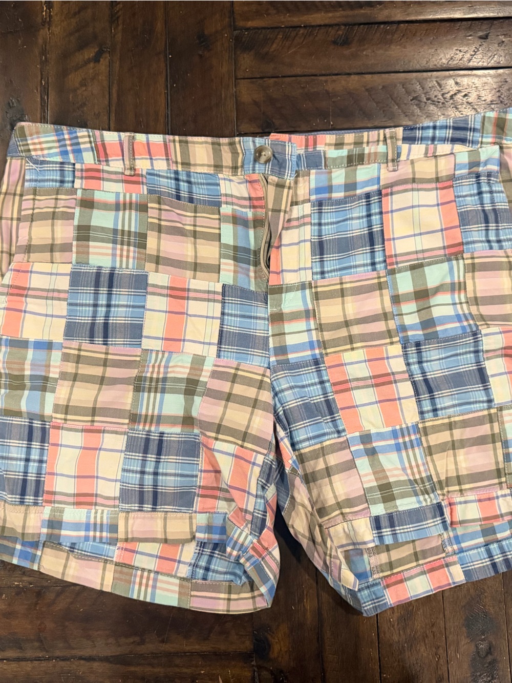 L.L. Bean Women's Pastel Plaid Patchwork Bermuda Shorts - Blue, Pink, Green, Tan